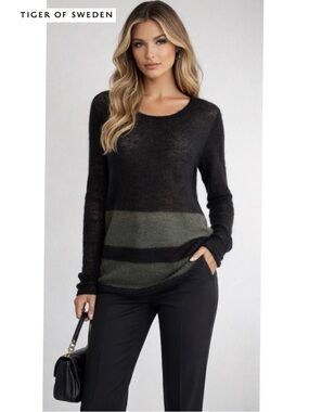 Tiger of Sweden Mohair Blend Semi-Sheer Knit Tunic Sweater Black Olive Stripe M